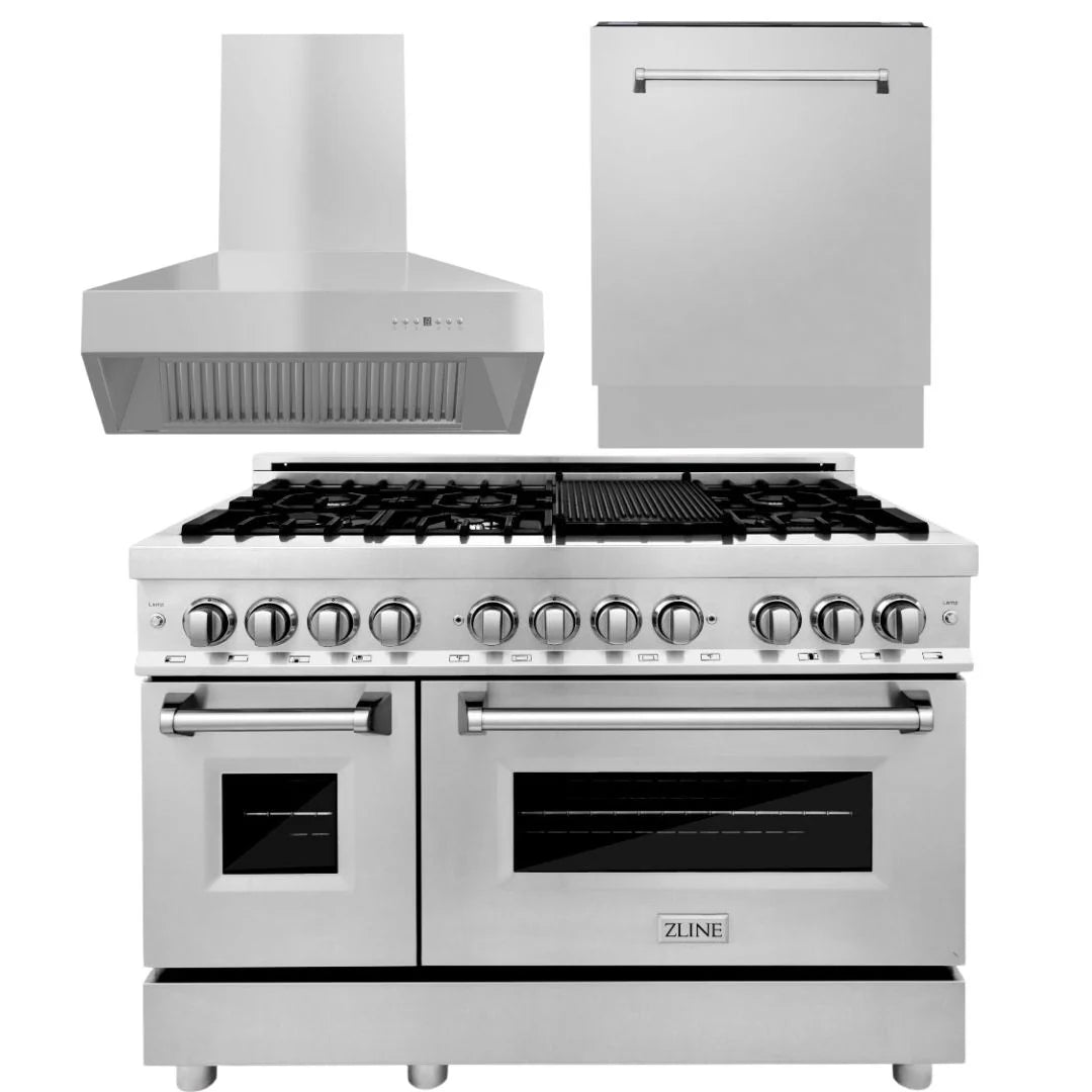 48 In. Dual Fuel Range, 700CFM Range Hood, 3 Rack Dishwasher K9488