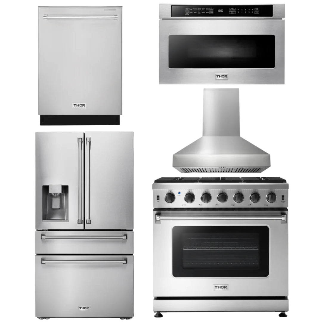 36 Inch Propane Gas Range, Range Hood, Microwave, Refrigerator, Dishwasher O52120