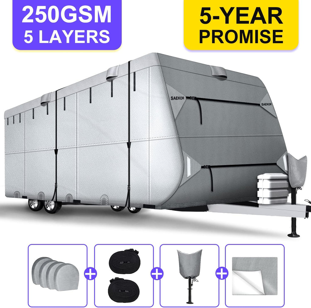 250 GSM 5 Layers Travel Trailer RV Cover for 24.1'-26' RV with 4 Tire Covers M1583