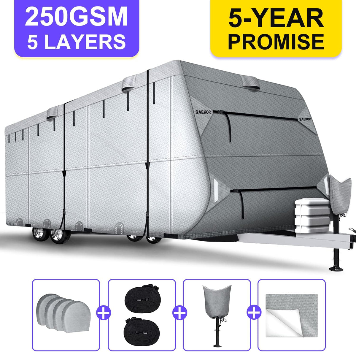 250 GSM 5 Layers Travel Trailer RV Cover for 24.1'-26' RV with 4 Tire Covers M1583