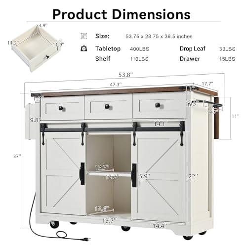 Retro White Kitchen Island on Wheels with Drop Leaf T232