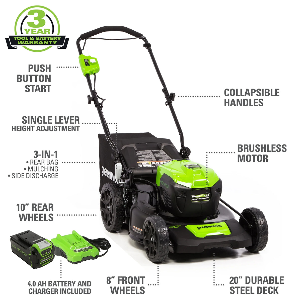 40V 20 Brushless Push Lawn Mower with 4.0 Ah Battery & Quick Charger U551742