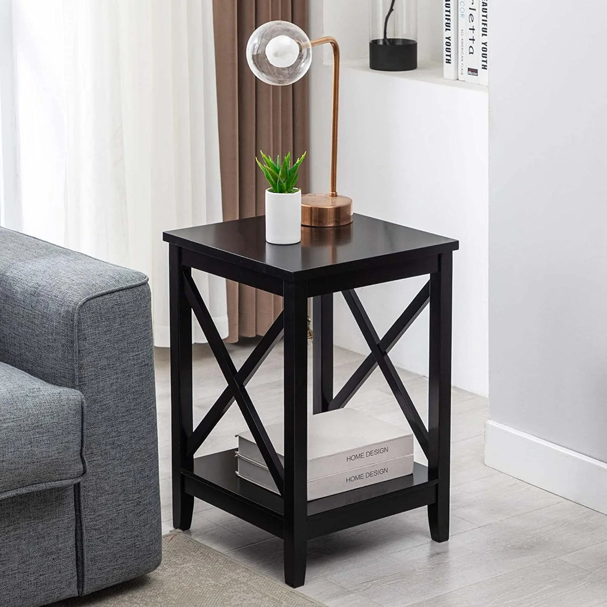 Black 2-Tier Wood End Table with Storage K2865