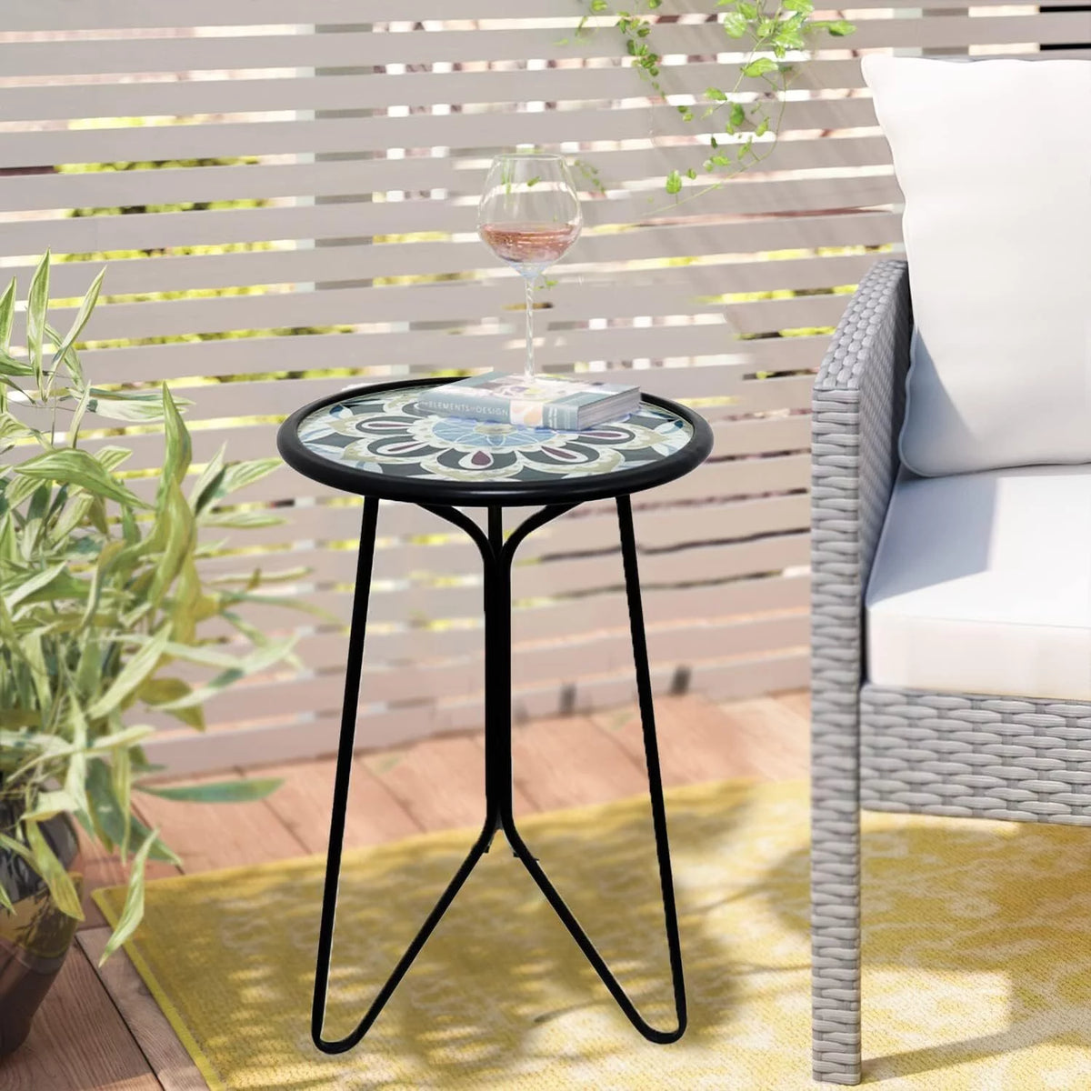 Mosaic Metal Round Glass Table 12x12x22 inch Z462792
