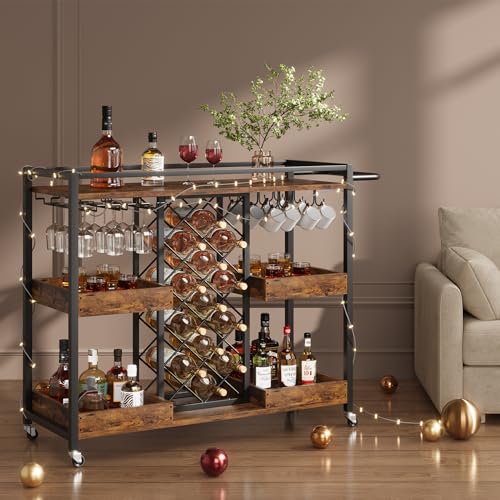 Brown 3 Tier Rolling Bar Cart with Wine Rack T151
