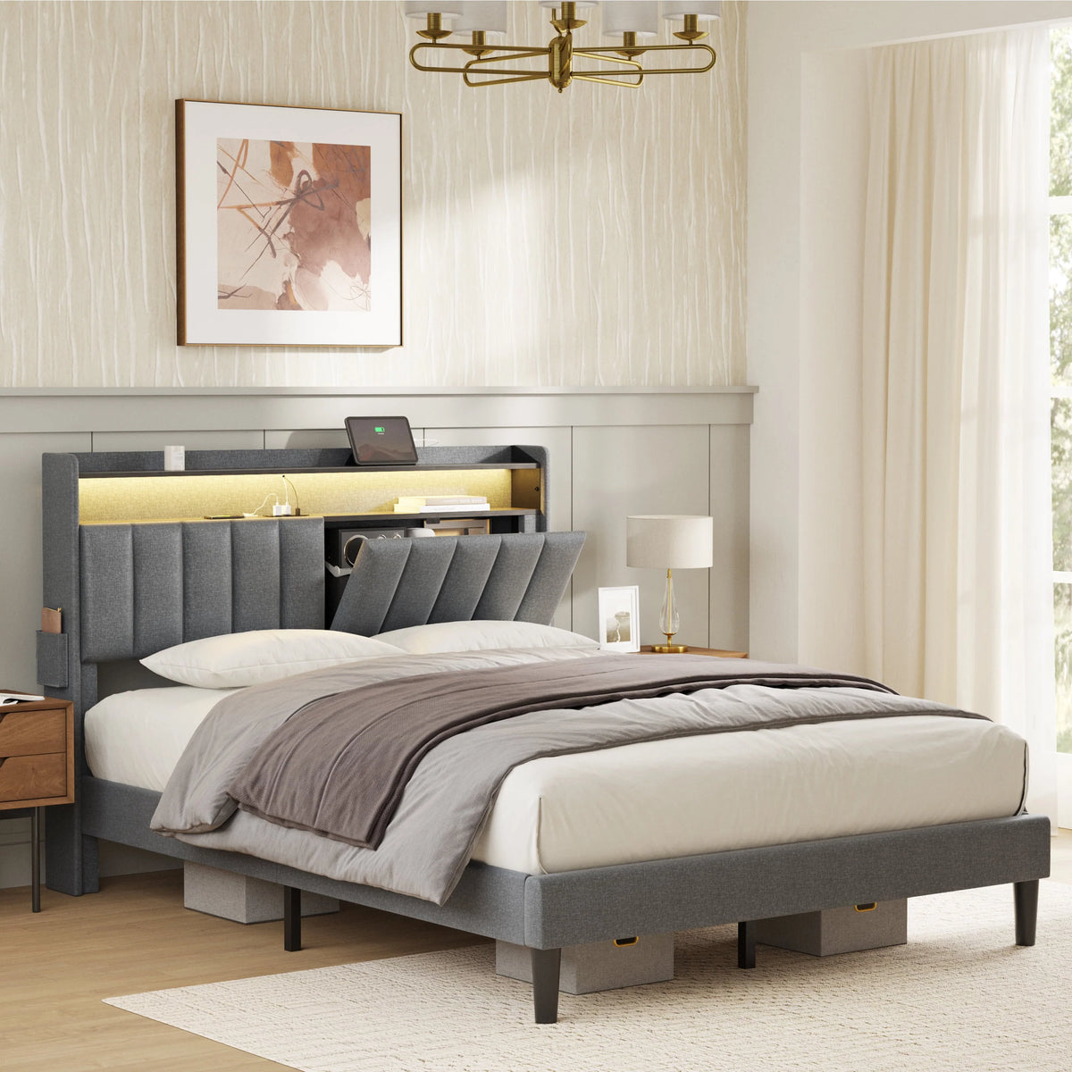 Queen Upholstered Platform Bed Frame with Storage Headboard N12322