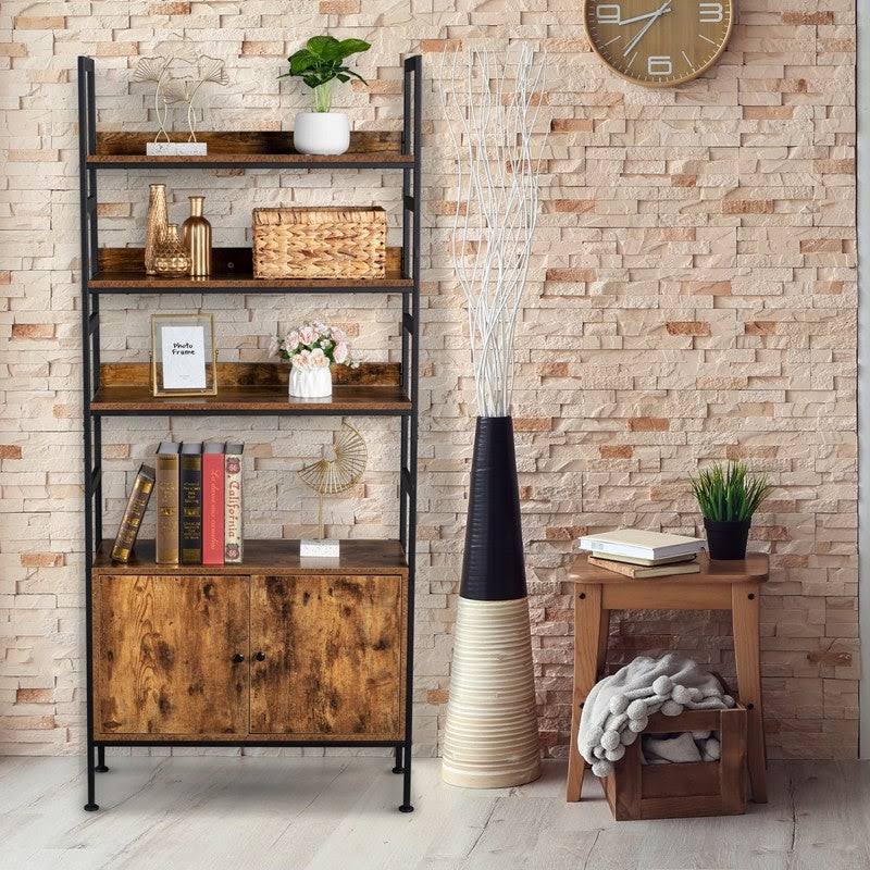 4-Tier Industrial Bookcase with Cabinets - Brown W1526