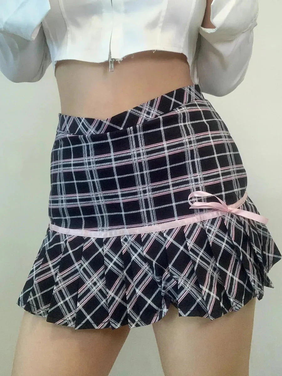 Kawaii Checked Bowtie Mini Skirt Q596435