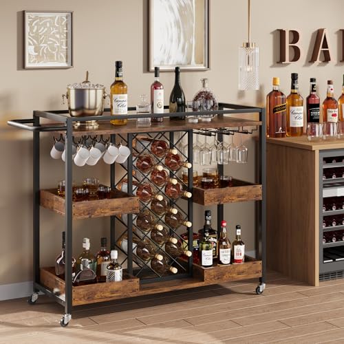 Brown 3 Tier Rolling Bar Cart with Wine Rack T151
