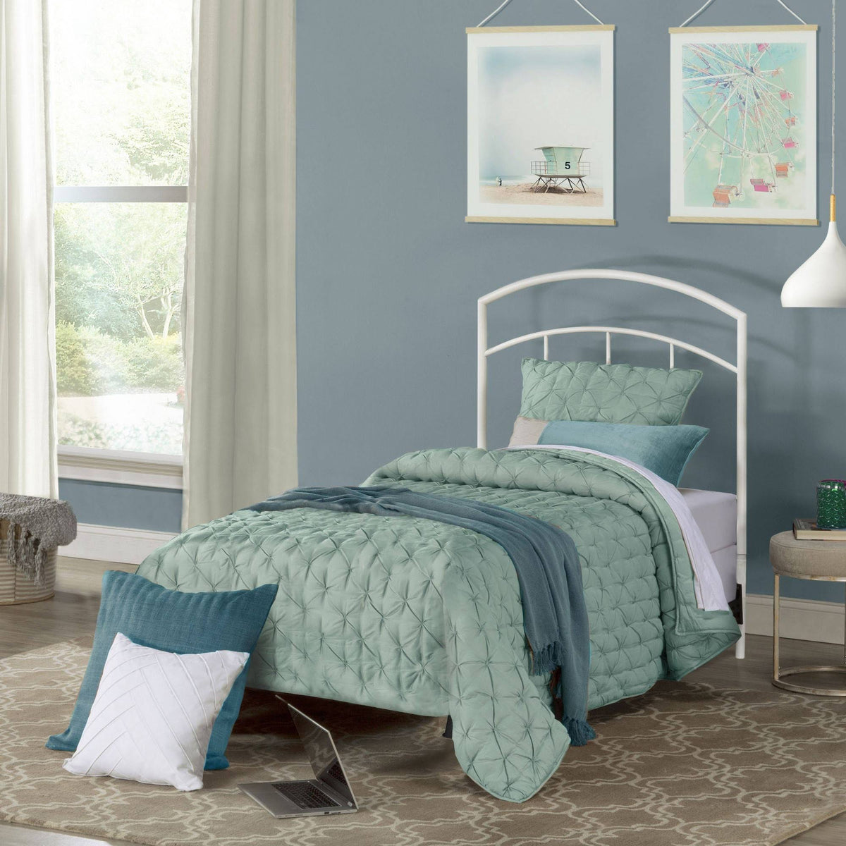 Textured White Twin Metal Headboard with Frame K982