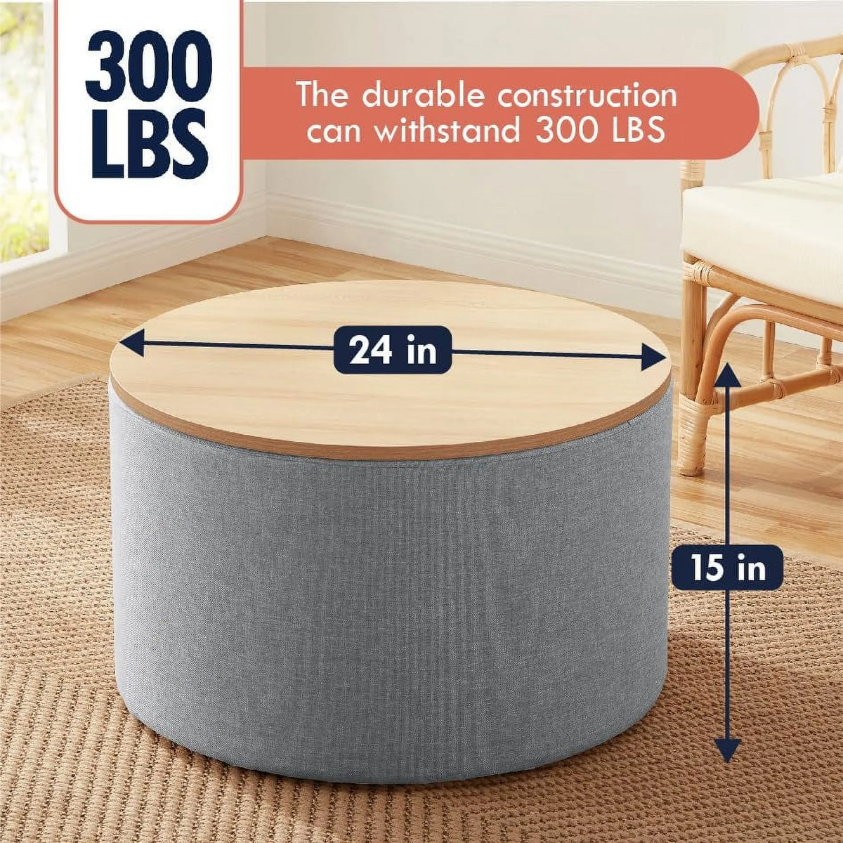 Large Round Linen Beige Coffee Table Ottoman with Lift Off Lid H44794