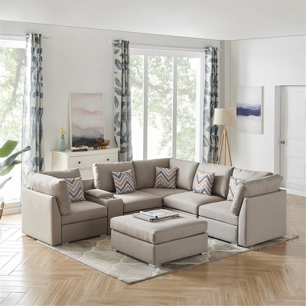 Beige Fabric Reversible Sectional Sofa with Ottoman C512176