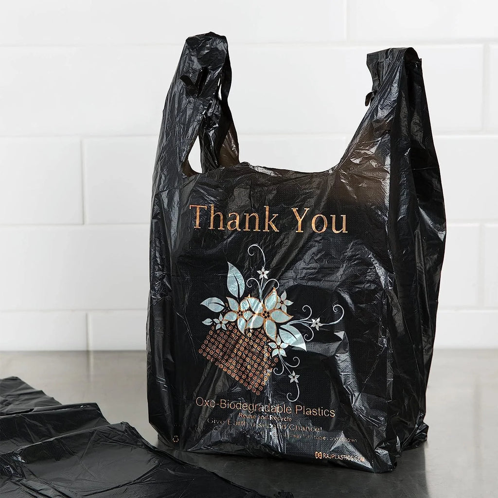 Black 18 Micron Thank You Plastic Bags 10 x 6 x 18 T78150