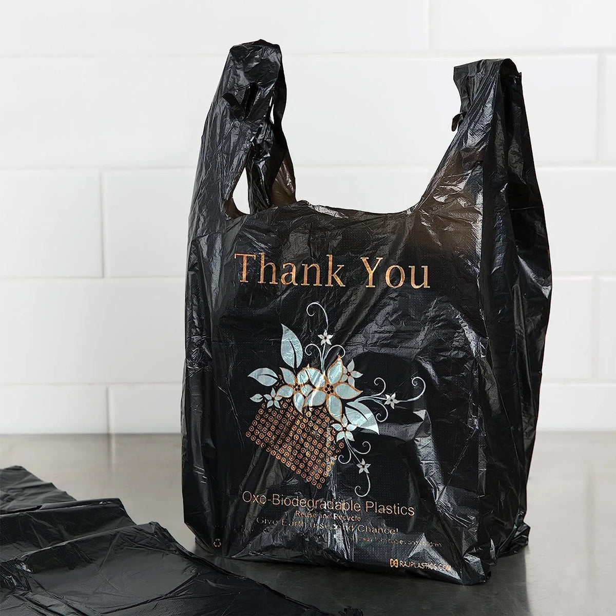 Black 18 Micron Thank You Plastic Bags 10 x 6 x 18 T78150