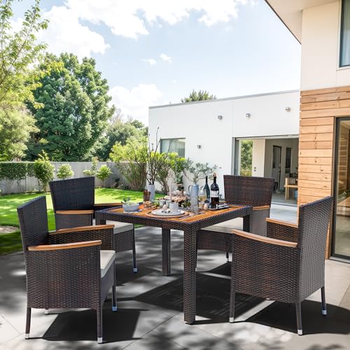 5 Pieces Wicker Patio Dining Set with Wood Table Top X69636