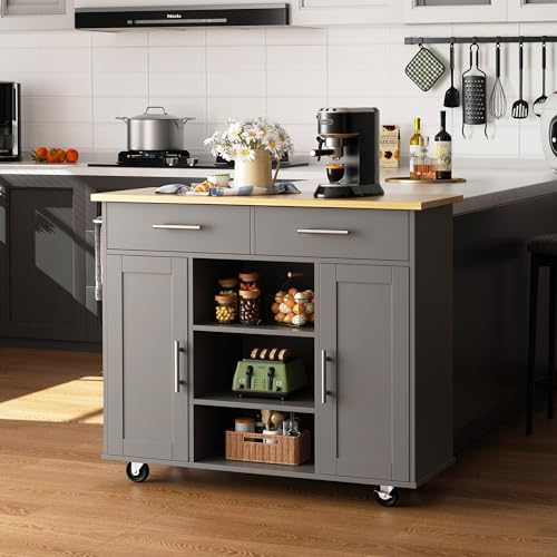 White Kitchen Island with Drop Leaf and Storage on Wheels R39872