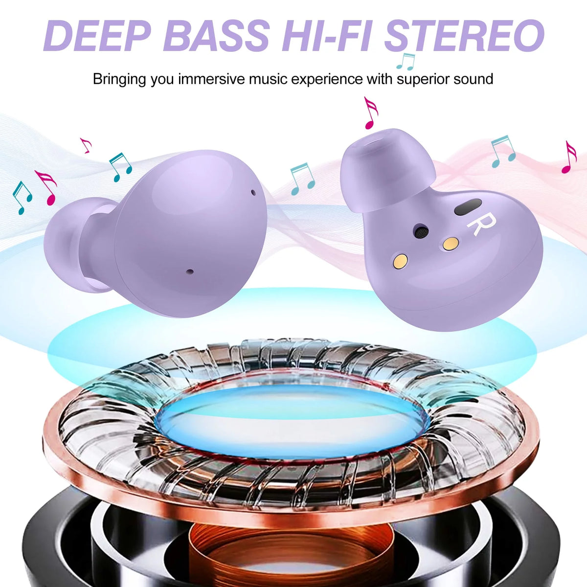 Truly Wireless Bluetooth Headphones with Noise Isolation, Amplified Bass and Dual Dynamic Microphone - Purple N35471