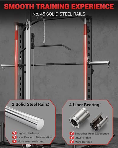 Smith Machine Home Gym with Barbell Bar, Cable System, Lat Pulldown Attachments, Safety Spotter Arms, J Hooks, Landmine, Multi-Functional Squat Rack O539