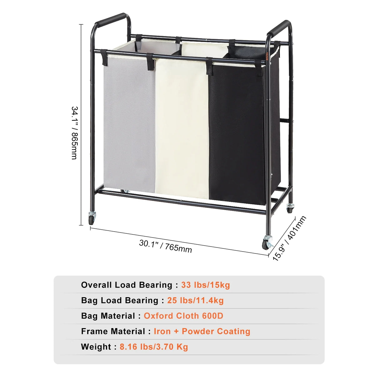 3-Section Rolling Laundry Sorter Cart with Wheels T790