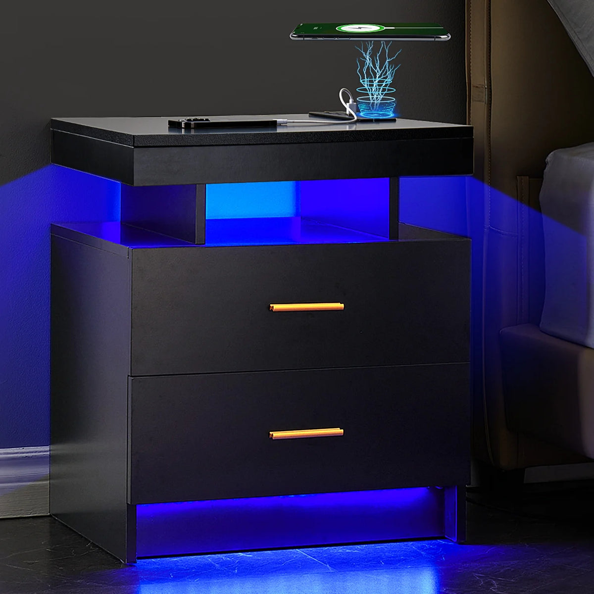 Black 2 Drawer LED Nightstand with Wireless Charging Station A398