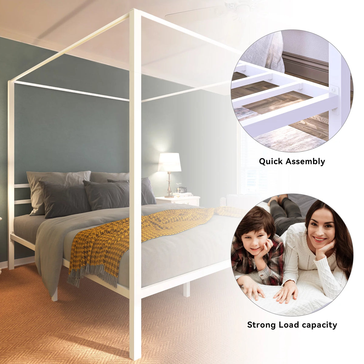 White Twin Size Metal Canopy Platform Bed Frame with Headboard G4099