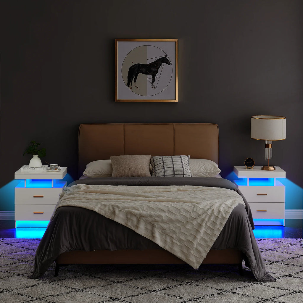 Black 2 Drawer LED Nightstand with Wireless Charging Station A398
