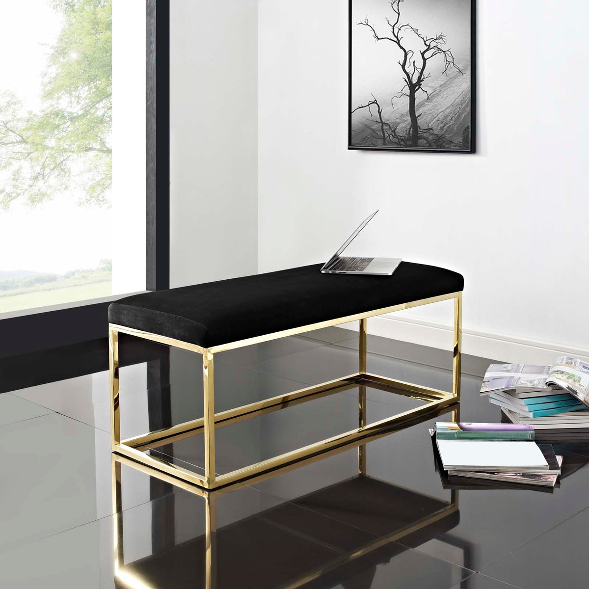 Gold Black Velvet Accent Chair Bench E303192