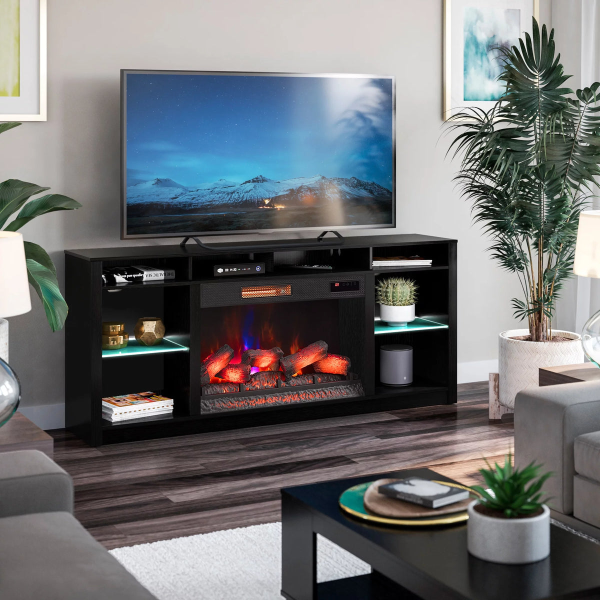 Black TV Stand with Electric Fireplace O172006