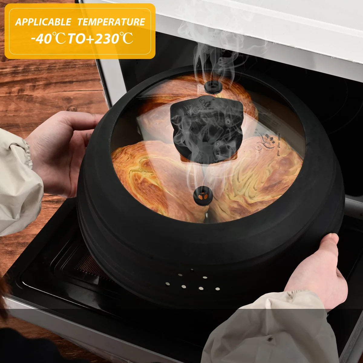 11.8 inch Vented Glass Microwave Splatter Cover with Collapsible Silicone, Black I47964