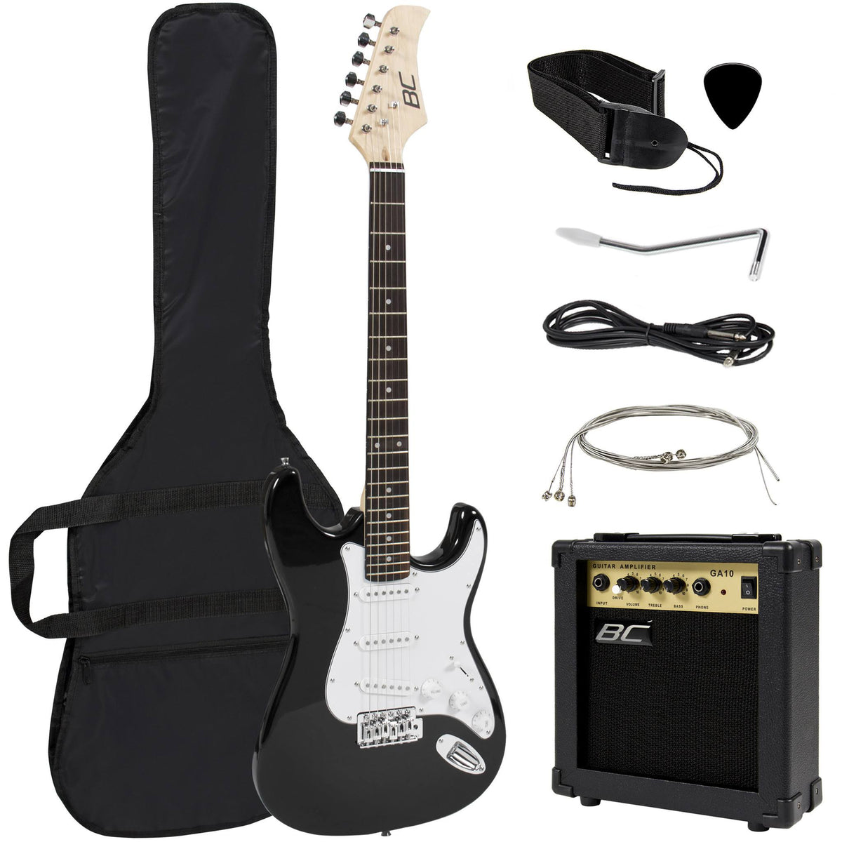39in Full Size Beginner Electric Guitar Starter Kit with Case, Strap, 10W Amp, Tremolo Bar - Black X569