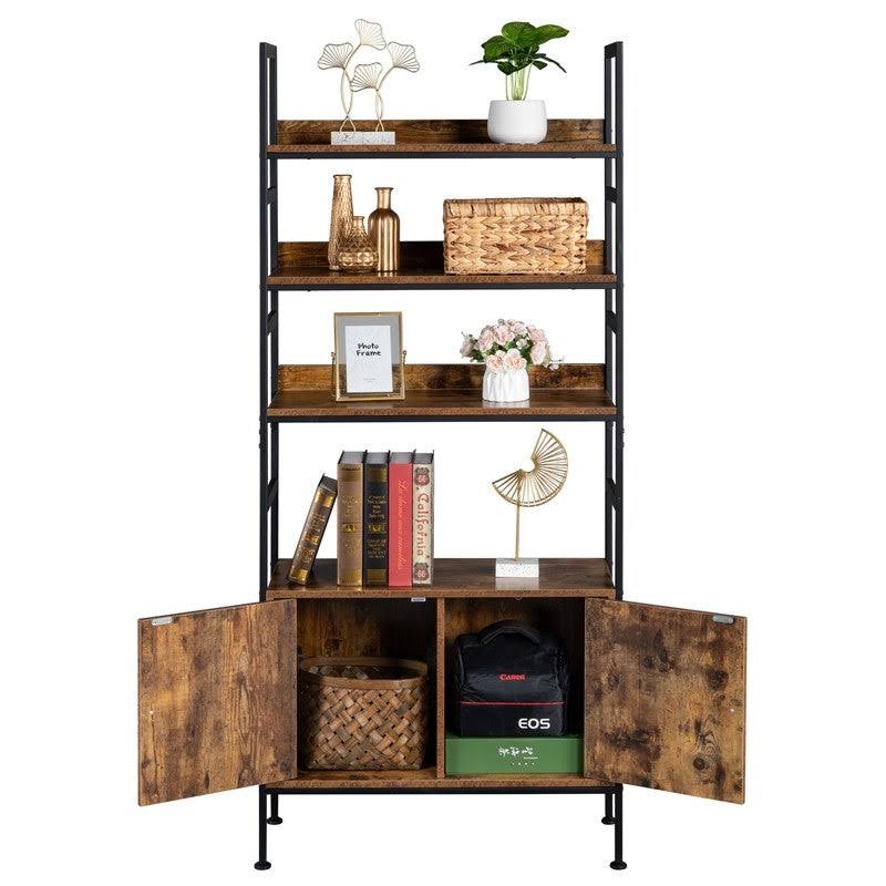 4-Tier Industrial Bookcase with Cabinets - Brown W1526
