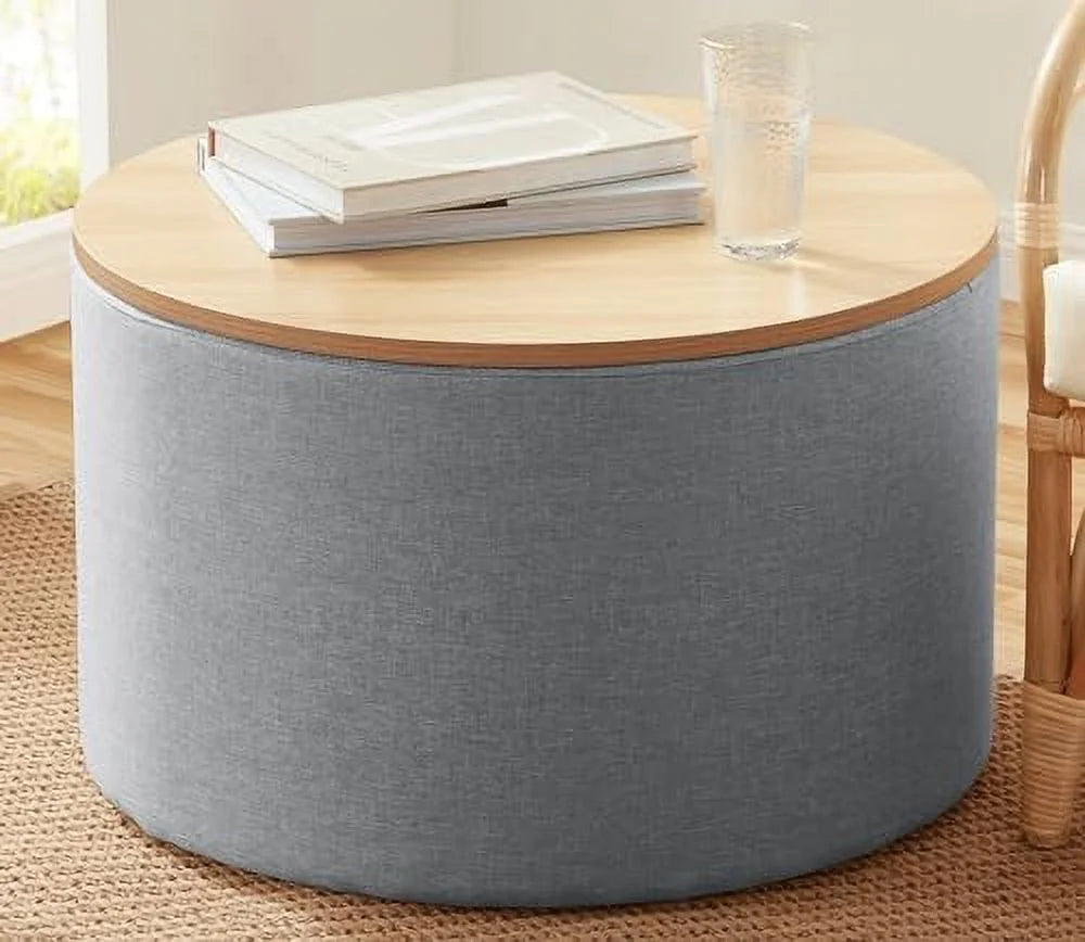 Large Round Linen Beige Coffee Table Ottoman with Lift Off Lid H44794