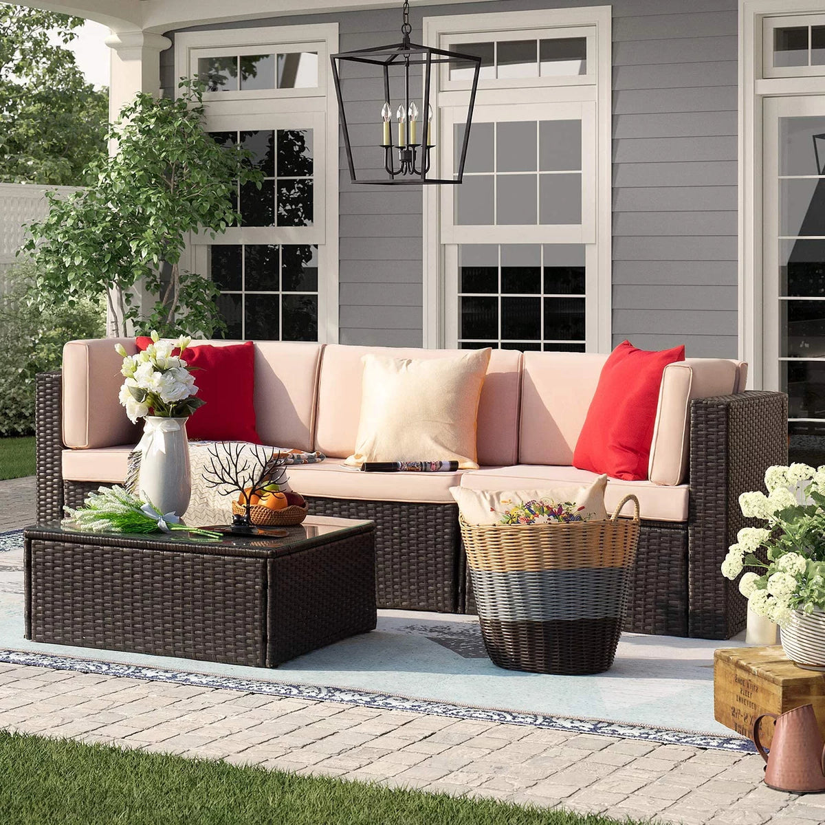 4 Pieces All Weather Patio Sectional Sofa with Cushion and Glass Table O39768