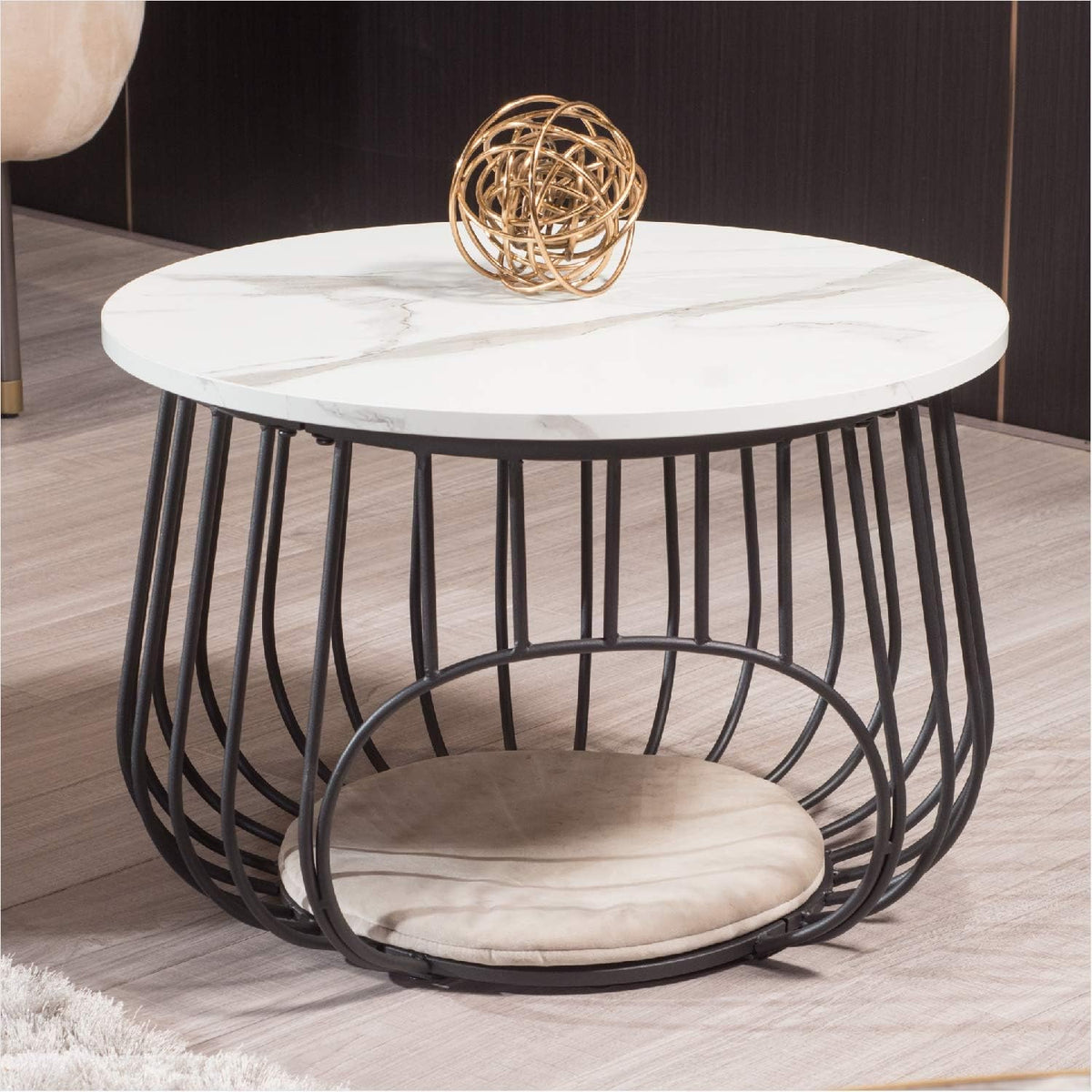 White Marble Texture Black Round Coffee Table with Storage Y939673