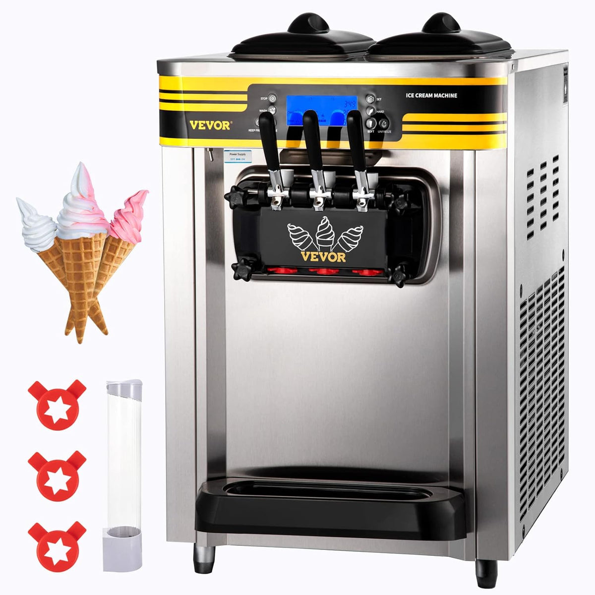 Commercial Ice Cream Maker, 22-30L/H Yield, 2350W Countertop Soft Serve Machine with 2x6L Hopper 2L Cylinder LCD Panel B458164