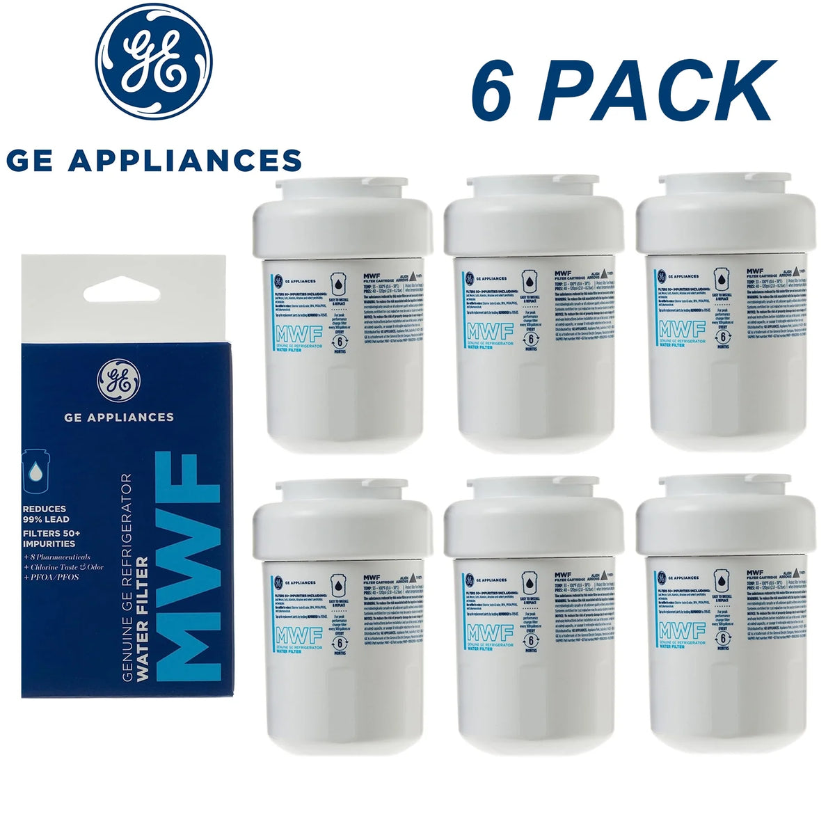 6 Pack MWF Water Filter Cartridge for GE Refrigerators S726