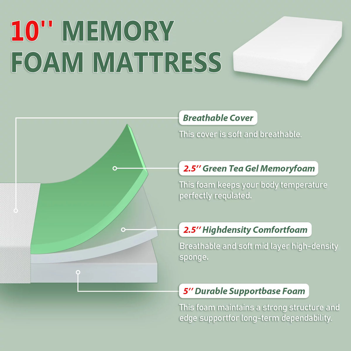 10 Inch Green Tea Memory Foam Twin Mattress C81283