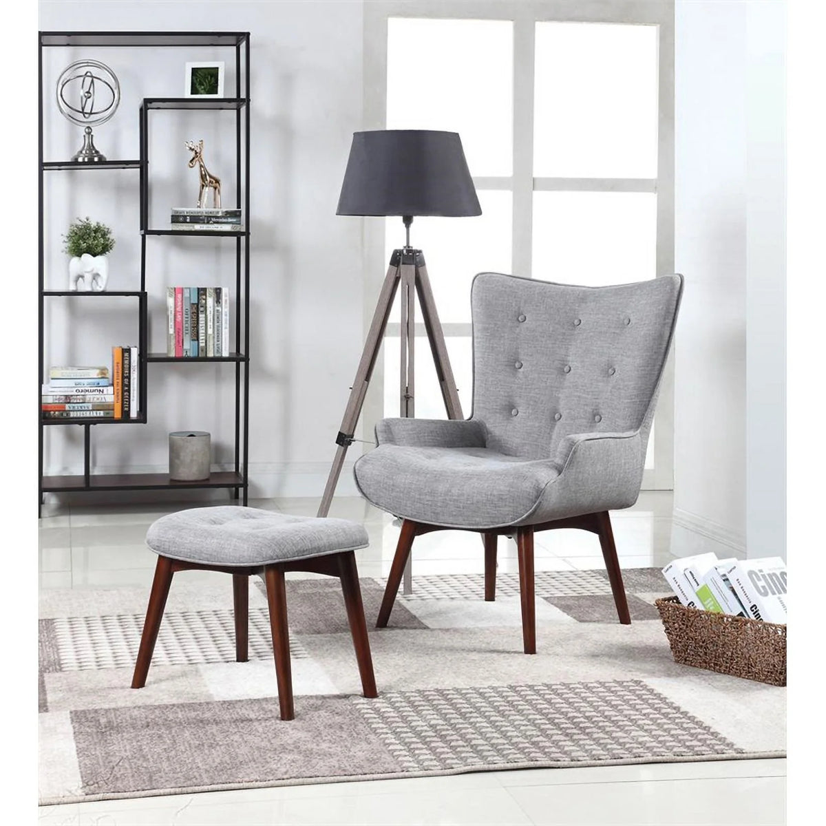 Grey and Brown Upholstered Accent Chair with Ottoman D1617