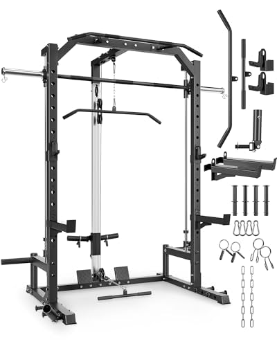 Smith Machine Home Gym with Barbell Bar, Cable System, Lat Pulldown Attachments, Safety Spotter Arms, J Hooks, Landmine, Multi-Functional Squat Rack O539