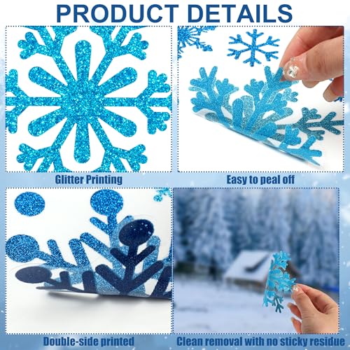 Glitter Snowflake Window Clings Blue Silver Double-Sided X112