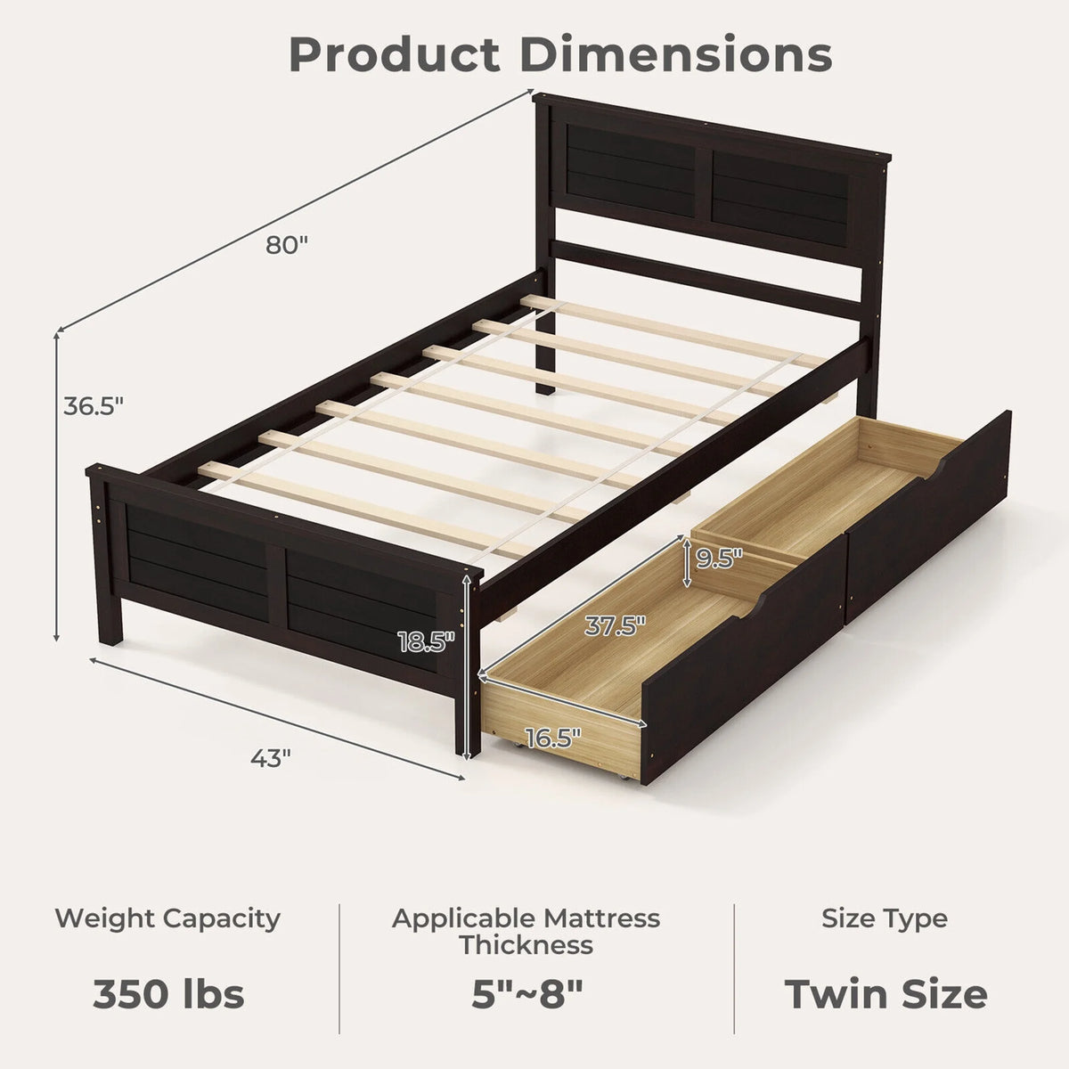 Twin Size Wooden Bed Frame with 2 Storage Drawers L381