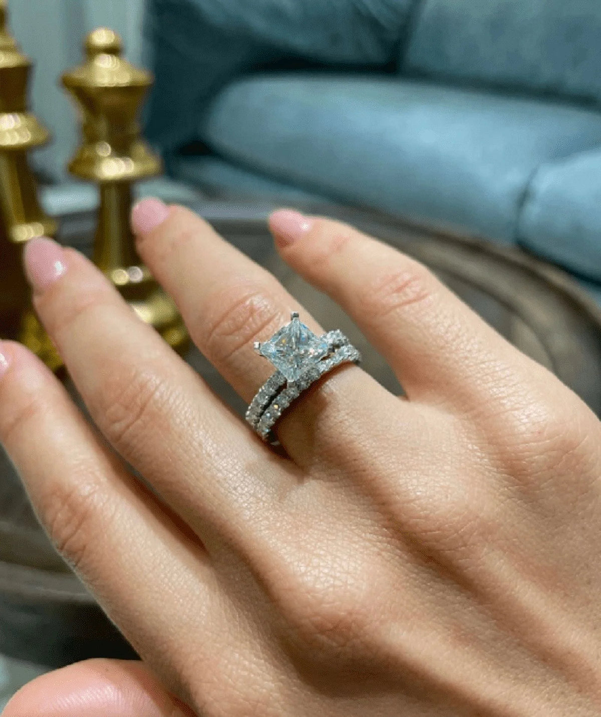 14K White Gold Plated Princess Cut Moissanite Engagement Ring Set X2791