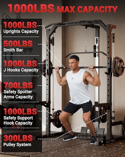 Smith Machine Home Gym with Barbell Bar, Cable System, Lat Pulldown Attachments, Safety Spotter Arms, J Hooks, Landmine, Multi-Functional Squat Rack O539