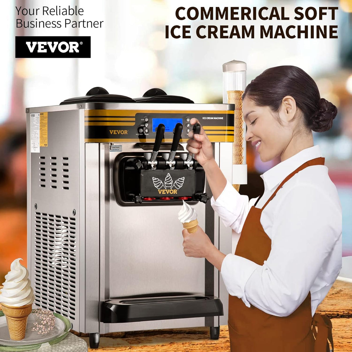 Commercial Ice Cream Maker, 22-30L/H Yield, 2350W Countertop Soft Serve Machine with 2x6L Hopper 2L Cylinder LCD Panel B458164