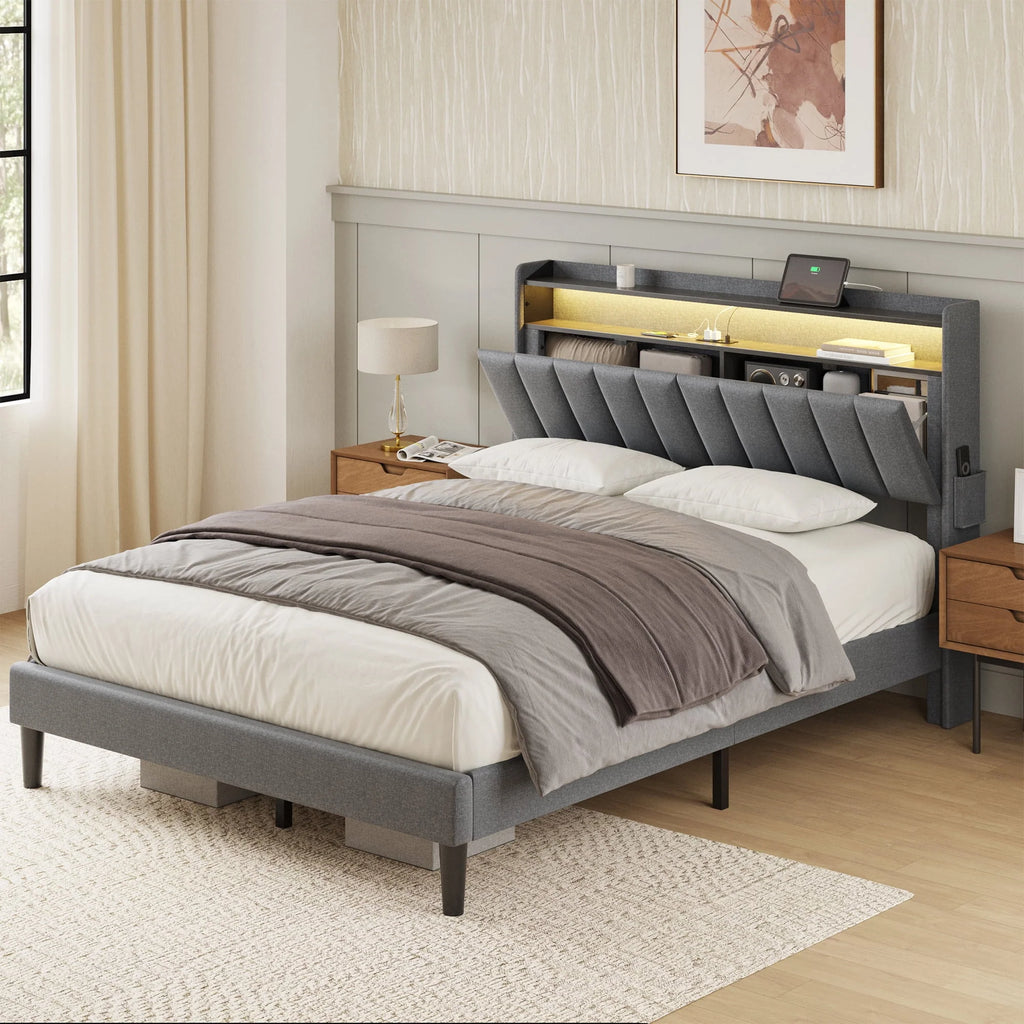 Queen Upholstered Platform Bed Frame with Storage Headboard N12322