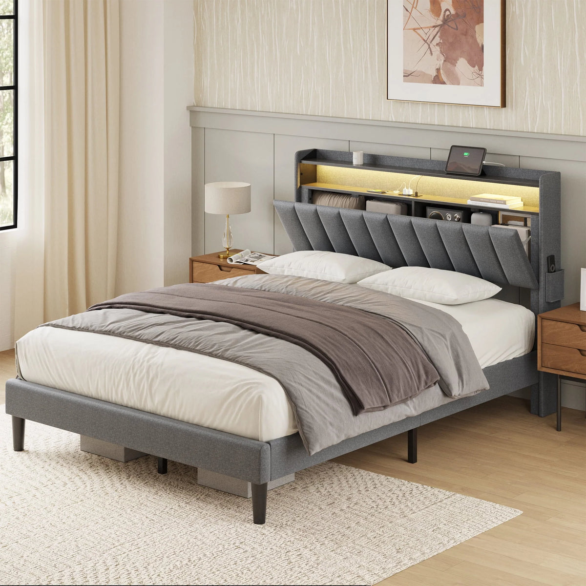 Queen Upholstered Platform Bed Frame with Storage Headboard N12322