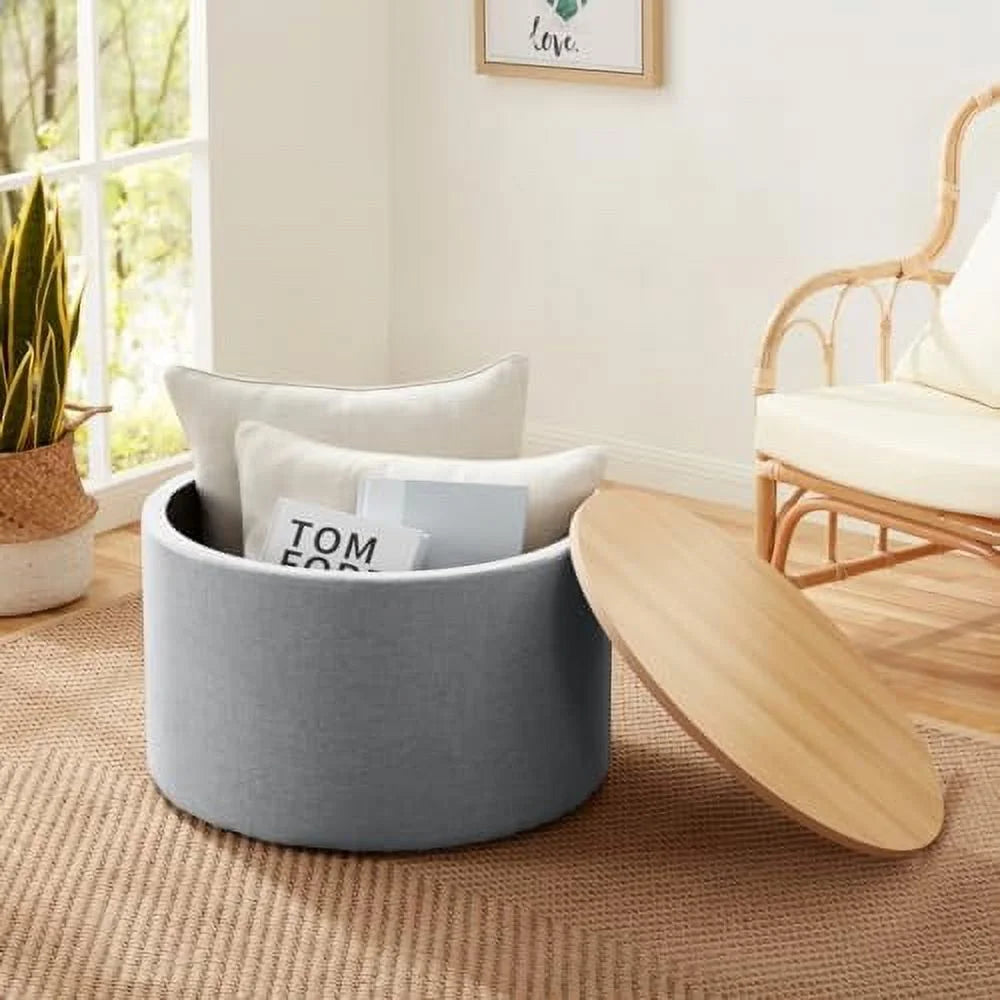 Large Round Linen Beige Coffee Table Ottoman with Lift Off Lid H44794