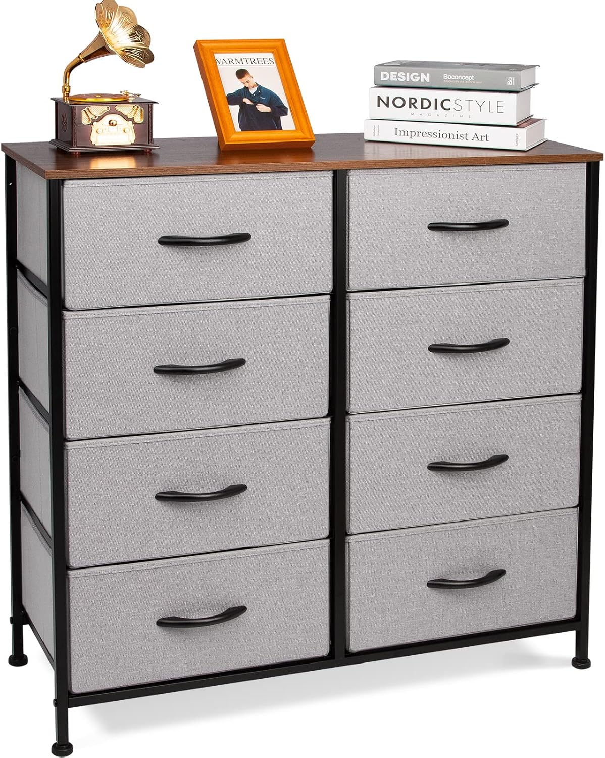 Industrial Rustic Brown Fabric 4 Drawer Storage Dresser with 2 Display Shelves P66428