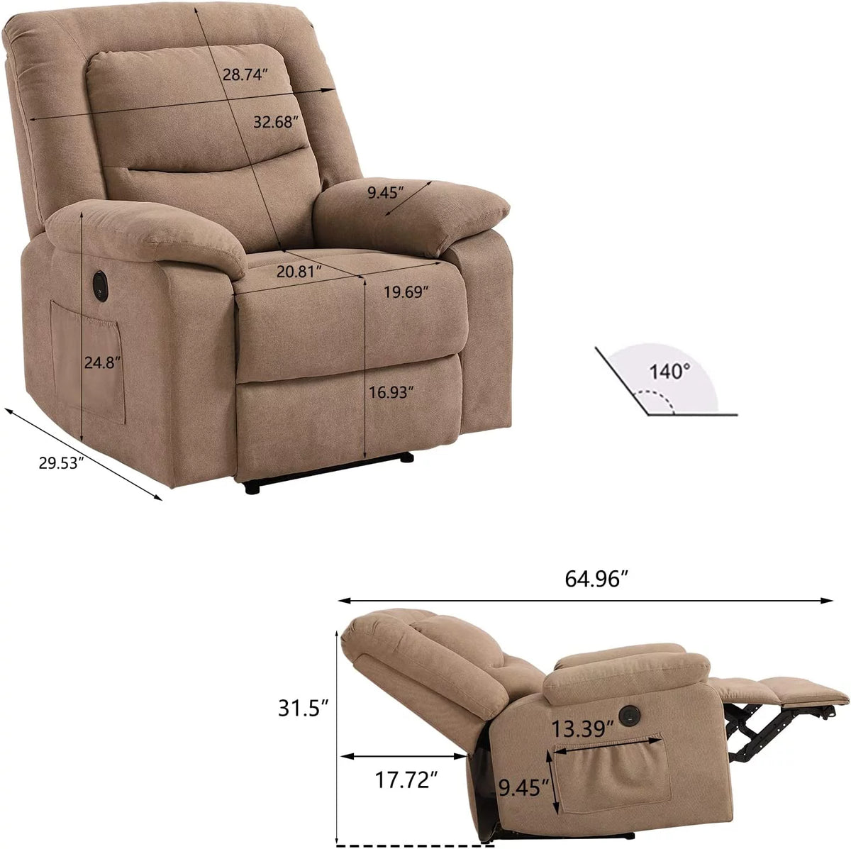 Fabric Electric Recliner Chair with USB Charge Port E392
