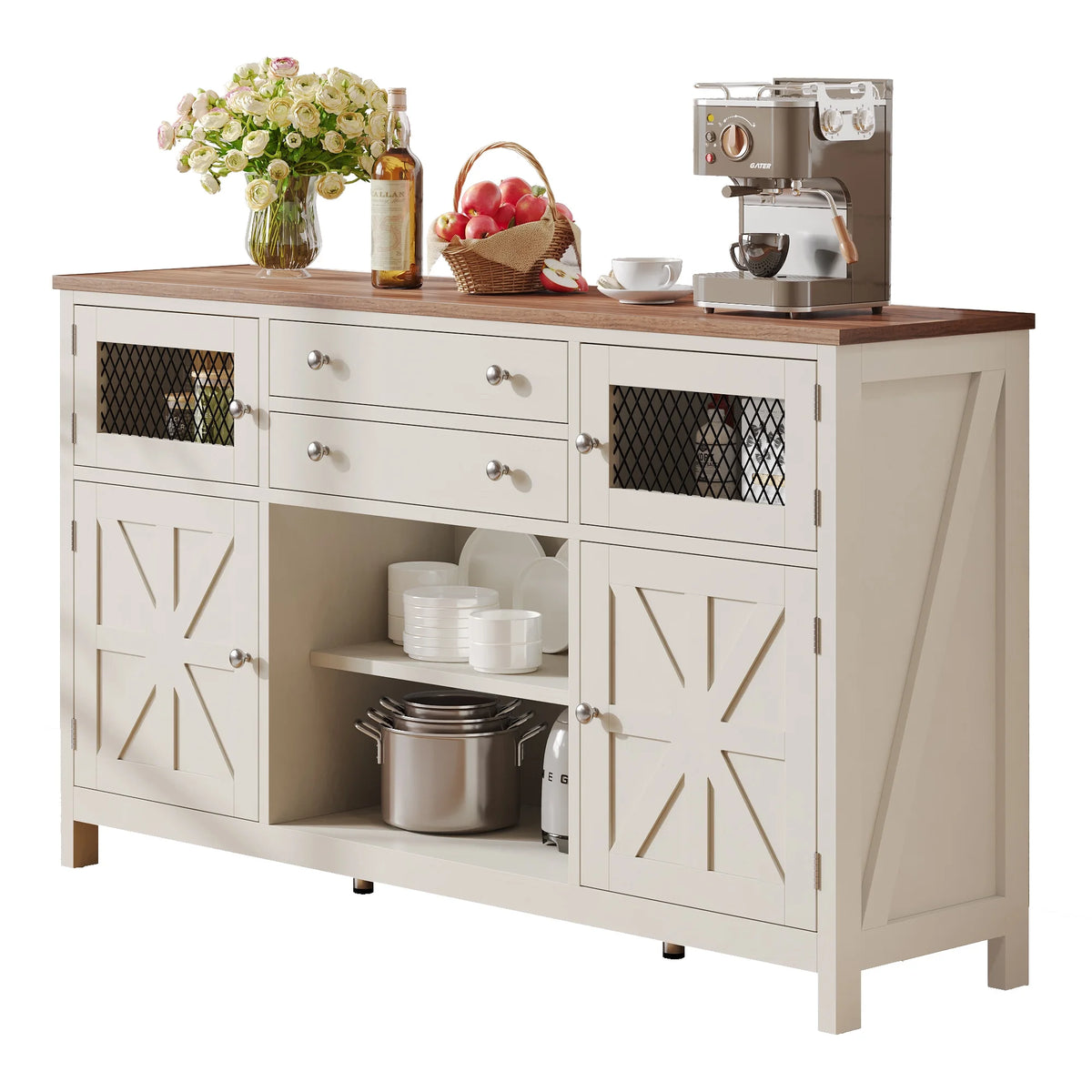 Antique White Farmhouse Coffee Bar Cabinet with 2 Drawers F48201